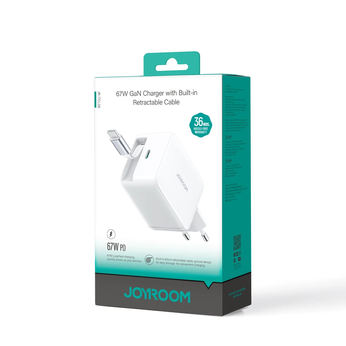 67W GaN Charger with Retractable Cable /EU/UK-White