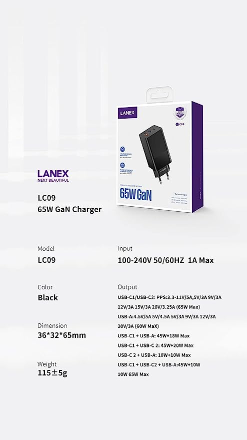 Lanex LC09 65 watt GAN Power Adapter Fast charge