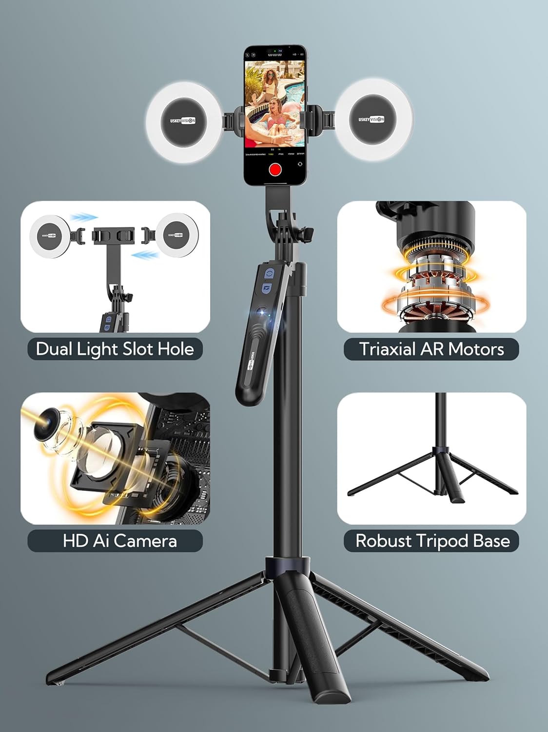 71" Auto Face Tracking Tripod with LED Light - 360° Rotating AI Selfie Stick for iPhone & Android - Wireless Remote for Content Creators & Live Streaming