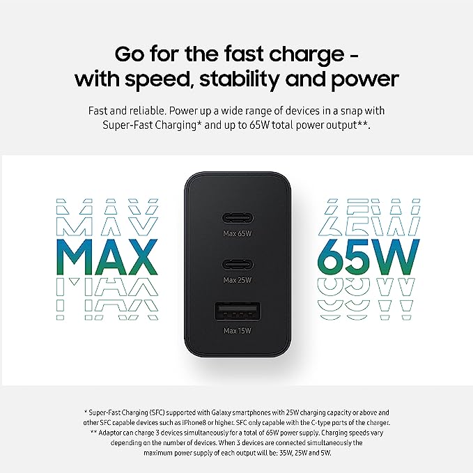 Samsung 65W 3-Port Super Fast Charging Wall Charger - Black