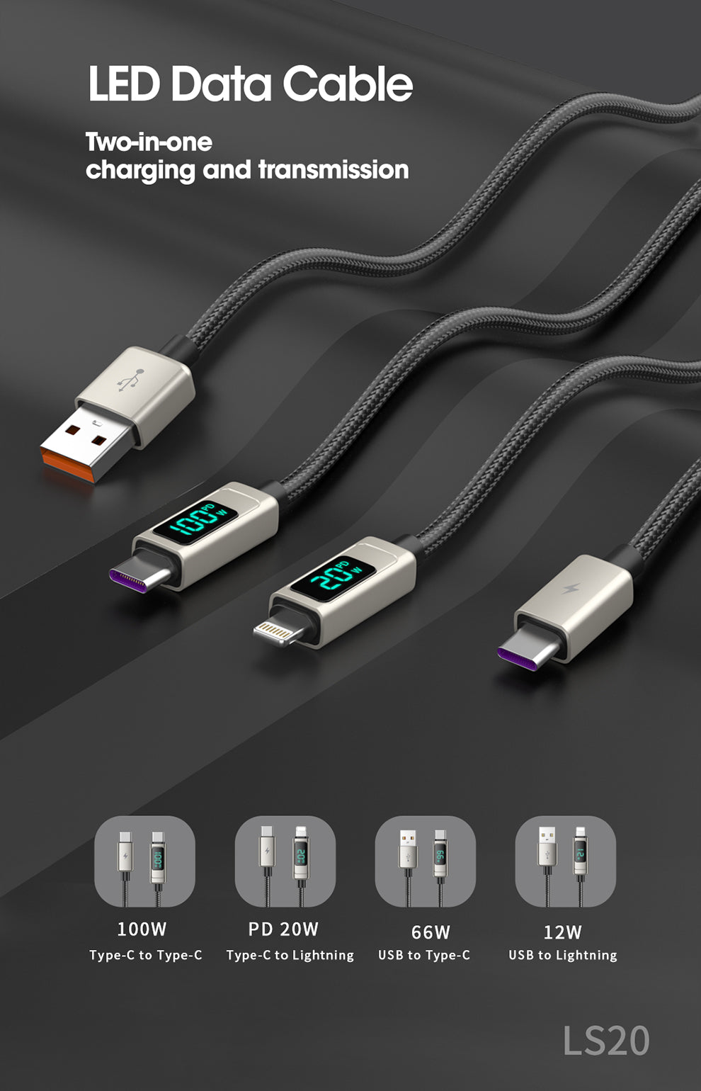 LANEX LS20L USB TO LIGHTNING DIGITAL LED DATA CABLE 1.2M - SILVER