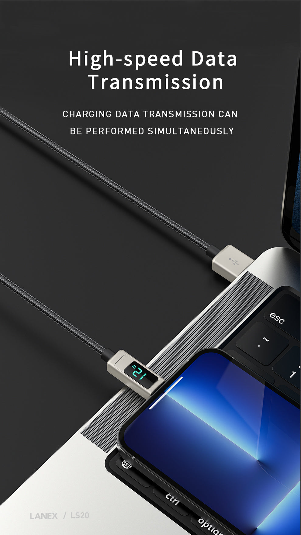 LANEX LS20L USB TO LIGHTNING DIGITAL LED DATA CABLE 1.2M - SILVER