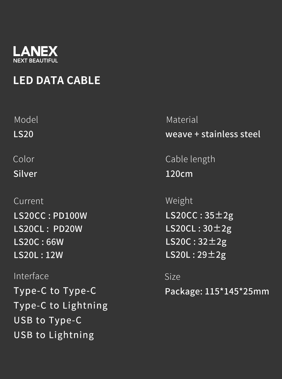 LANEX LS20L USB TO LIGHTNING DIGITAL LED DATA CABLE 1.2M - SILVER