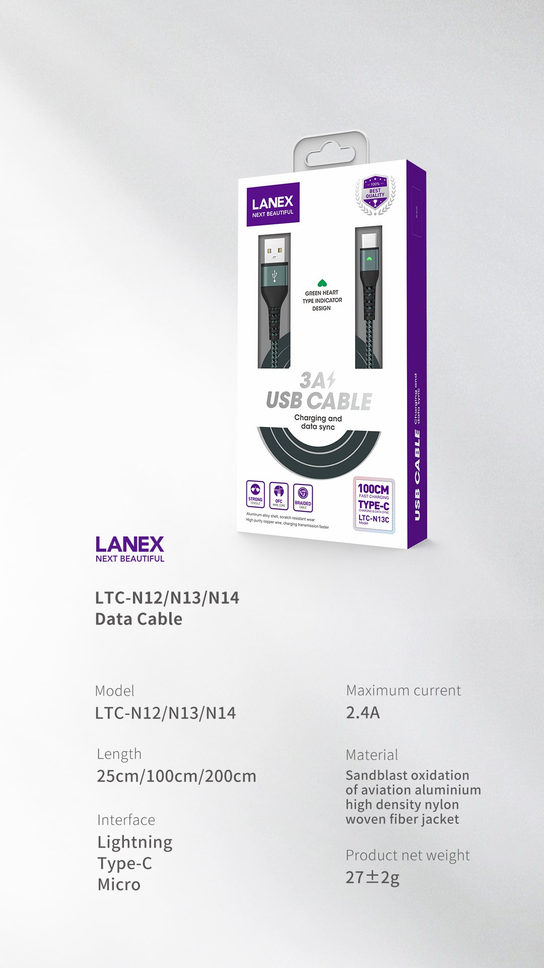 LANEX LTC-N12L USB TO LIGHTNING CABLE 25CM (GREEN)