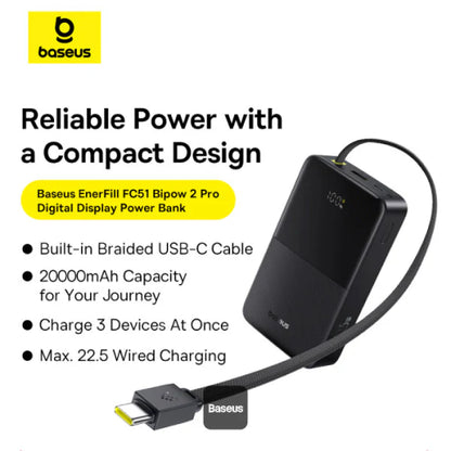 Baseus EnerFill FC51 Bipow2 Pro Power Bank 20000mAh 22.5W Black Built-in Cable