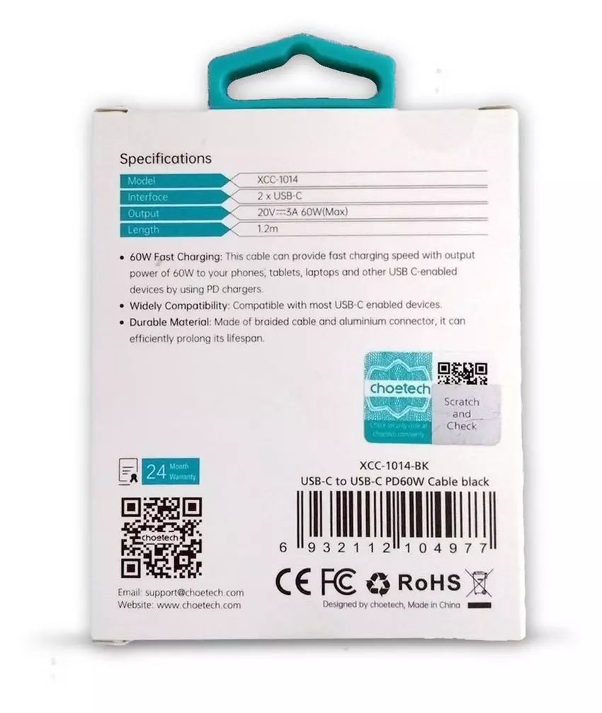 Choetech Type-C to Type-C PD60W 1.2m Cable - Black