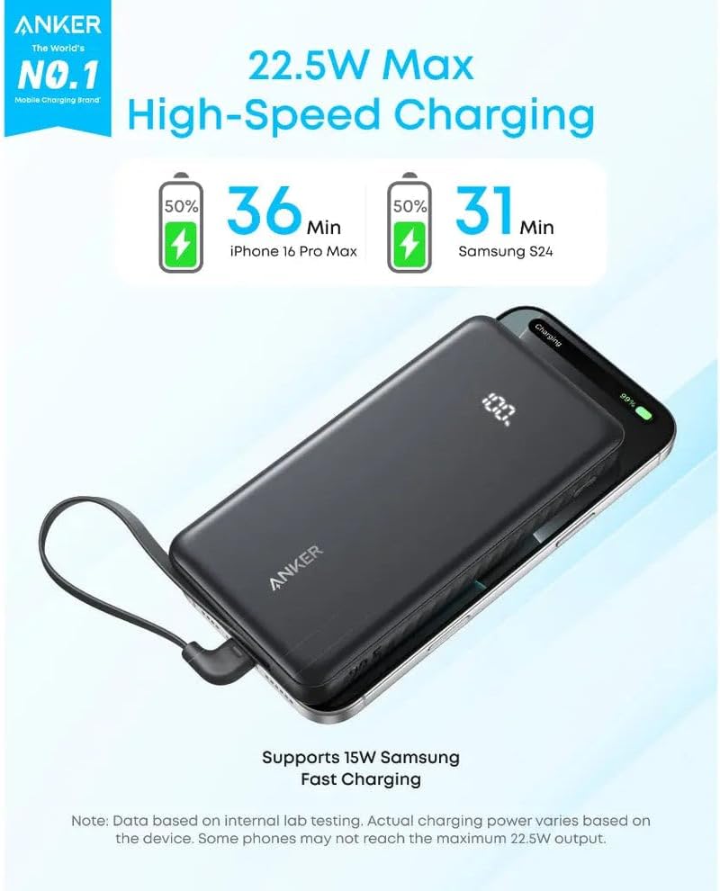 Anker Zolo Power Bank, 20,000mAh 22.5W Max Portable Charger, USB-C In and Out Fast Charging Battery Pack, Slim Travel Essential Phone Power Bank, For iPhone 17/16/15 Series, Galaxy [CCC Certified],