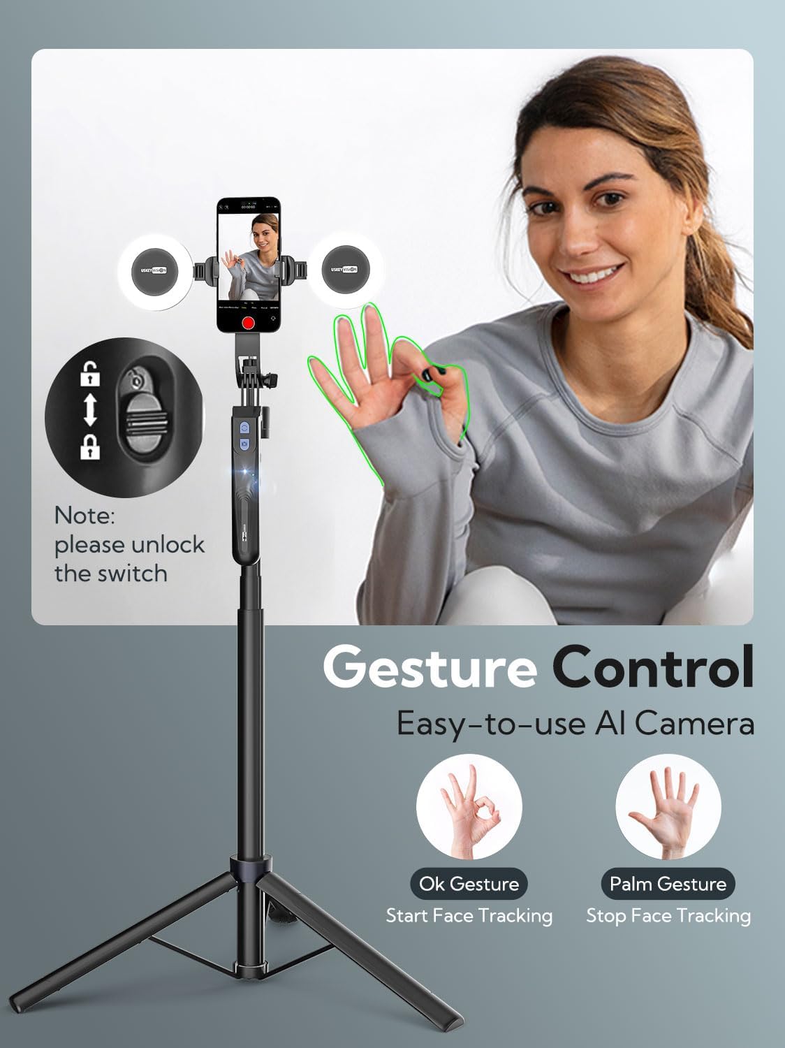 71" Auto Face Tracking Tripod with LED Light - 360° Rotating AI Selfie Stick for iPhone & Android - Wireless Remote for Content Creators & Live Streaming