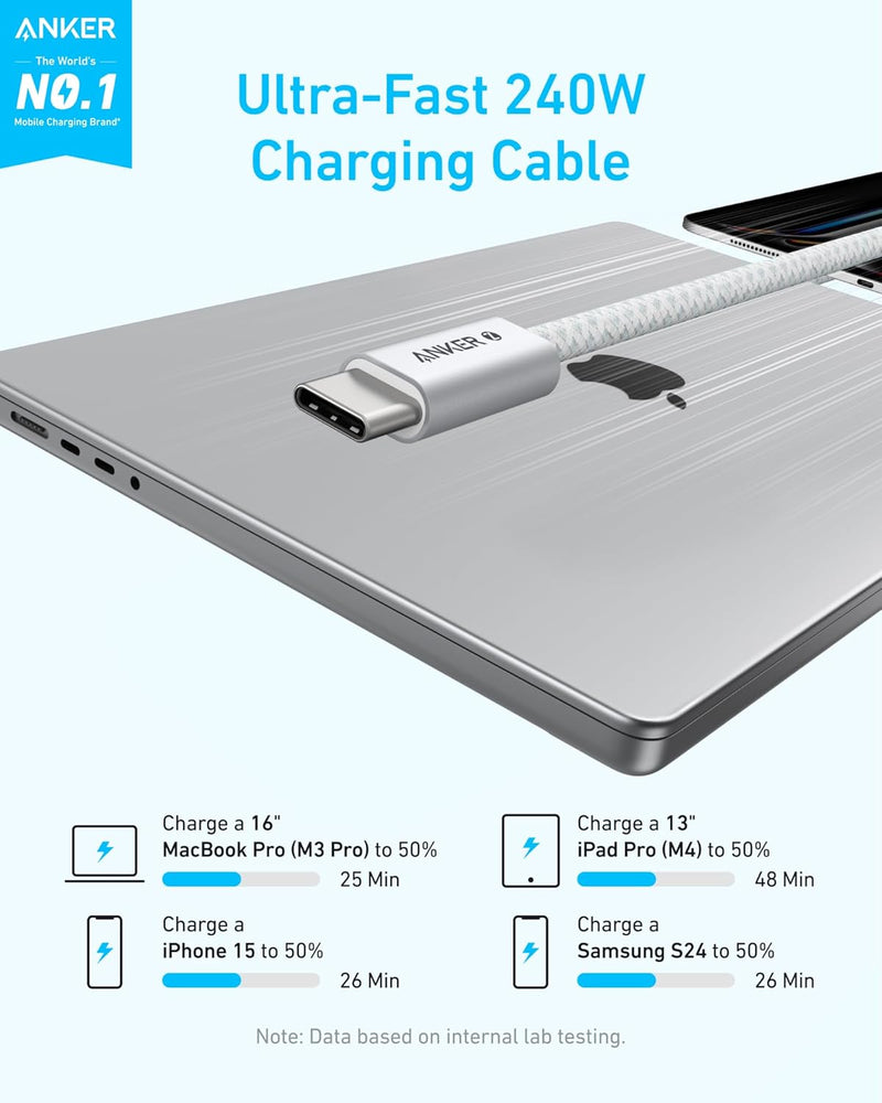Anker Zolo USB C to USB C Cable, Braided and Dirt-Free Type-C Fast Charging Cable, Slim Connector, for iPhone 16 Series, MacBook (240W) (White, 6FT) 18 Months Warranty