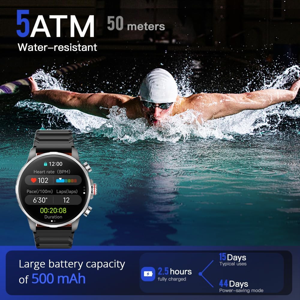 Kieslect Smartwatch Kr 3 Black 47mm, 1.5" AMOLED HD, GPS, Bluetooth Call & Text, 178 Sports Modes, Health, Fitness & Sleep Tracker, 5ATM Waterproof Fit Men and Women