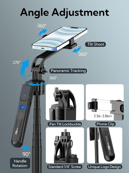 71" Auto Face Tracking Tripod with LED Light - 360° Rotating AI Selfie Stick for iPhone & Android - Wireless Remote for Content Creators & Live Streaming