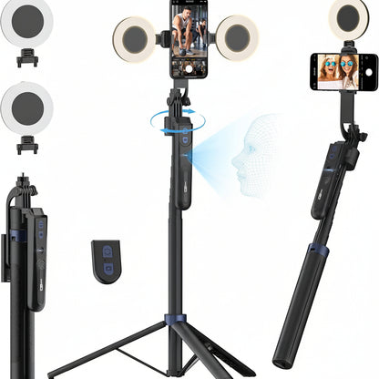 71" Auto Face Tracking Tripod with LED Light - 360° Rotating AI Selfie Stick for iPhone & Android - Wireless Remote for Content Creators & Live Streaming