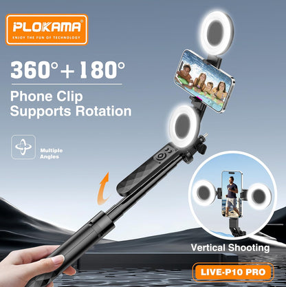 LIVE-P10 Pro Selfie Stick Tripod with LED Light, 180cm Aluminum Alloy, Bluetooth Remote Control, Phone Stand for Live Streaming