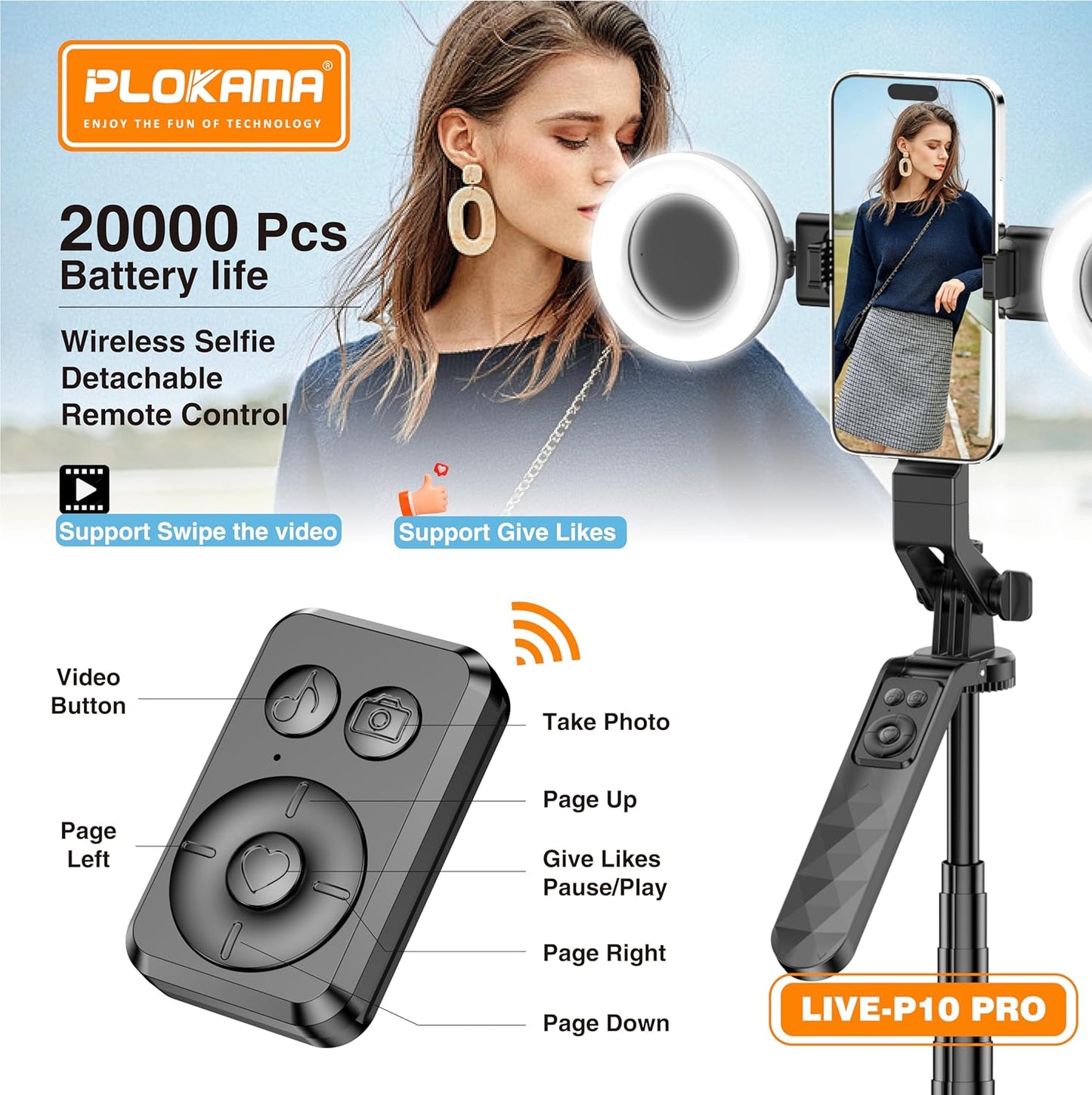 LIVE-P10 Pro Selfie Stick Tripod with LED Light, 180cm Aluminum Alloy, Bluetooth Remote Control, Phone Stand for Live Streaming