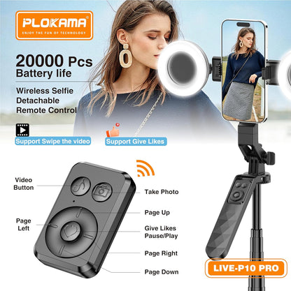 LIVE-P10 Pro Selfie Stick Tripod with LED Light, 180cm Aluminum Alloy, Bluetooth Remote Control, Phone Stand for Live Streaming