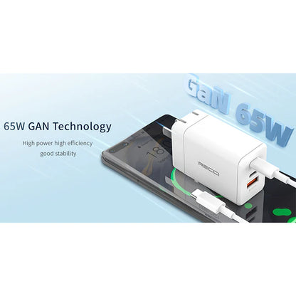 RECCI 65W Fast Charger Dual Type-C Port + USB Port fast charge + Type C to Type C Connector