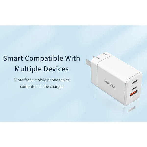 RECCI 65W Fast Charger Dual Type-C Port + USB Port fast charge + Type C to Type C Connector