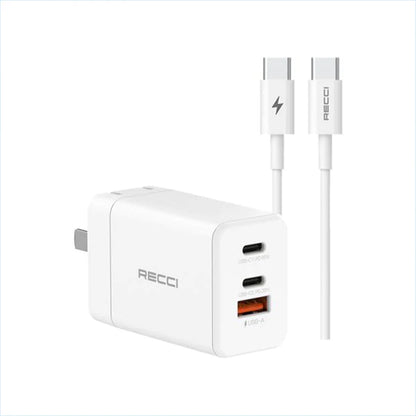 RECCI 65W Fast Charger Dual Type-C Port + USB Port fast charge + Type C to Type C Connector