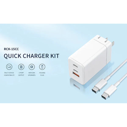 RECCI 65W Fast Charger Dual Type-C Port + USB Port fast charge + Type C to Type C Connector