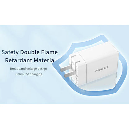 RECCI 65W Fast Charger Dual Type-C Port + USB Port fast charge + Type C to Type C Connector