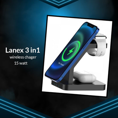 LANEX 3 IN 1 PD + QC3.0 MAGNETIC SUCTION WIRELESS CHARGER - BLACK