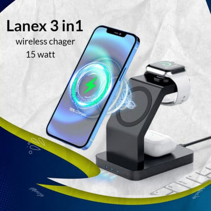 LANEX 3 IN 1 PD + QC3.0 MAGNETIC SUCTION WIRELESS CHARGER - BLACK